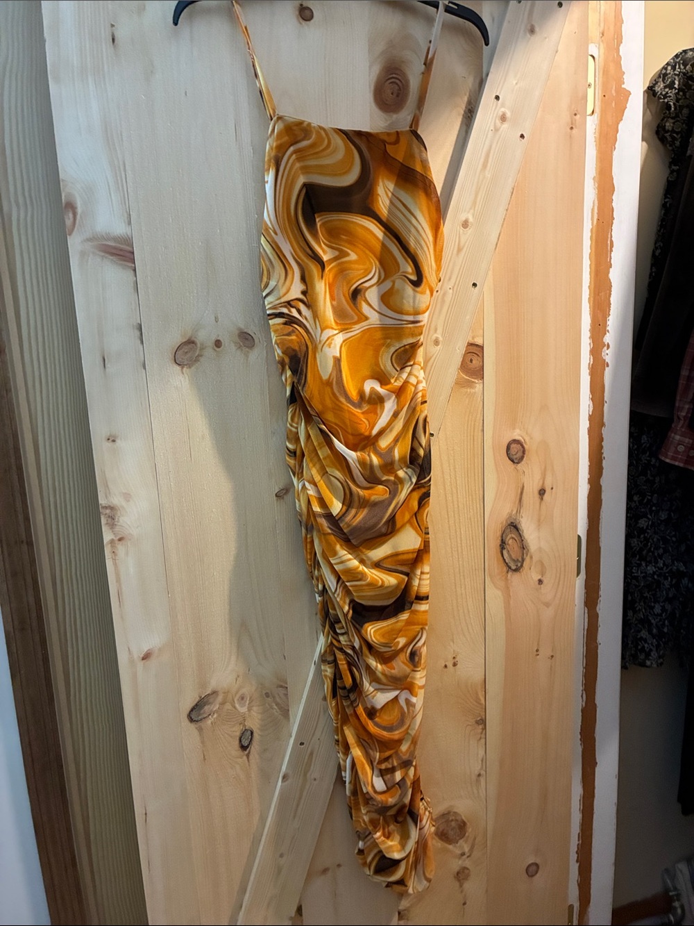 Marbled Mustard Yellow Maxi Dress with Ruched Sides